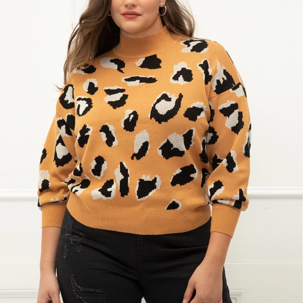 Plus Size ELOQUII Elements Cheetah Intarsia Mock Neck Sweater
